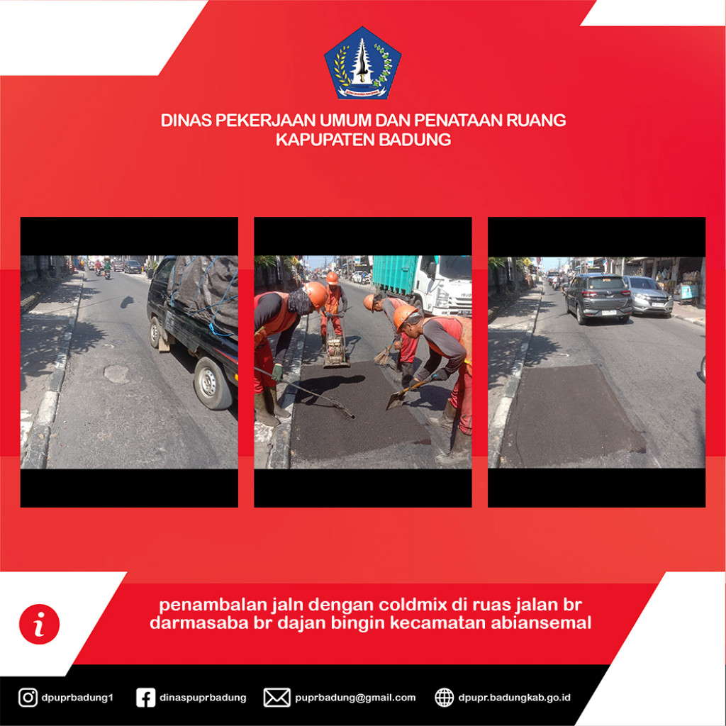 penambalan jaln dengan coldmix di ruas jalan br darmasaba br dajan bingin kecamatan abiansemal Kabupaten Badung